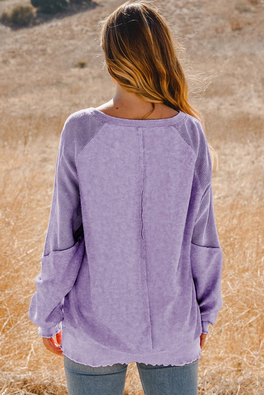 Clothing Waffle Knit Patchwork Raglan Sleeve Sweatshirt: Blue / Missy / L