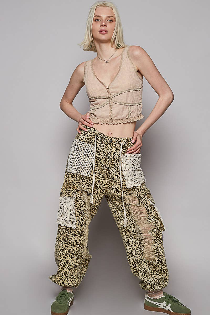 Vintage Wash Crochet Patches Distress Jogger Pants SALE: SAND LEOPARD