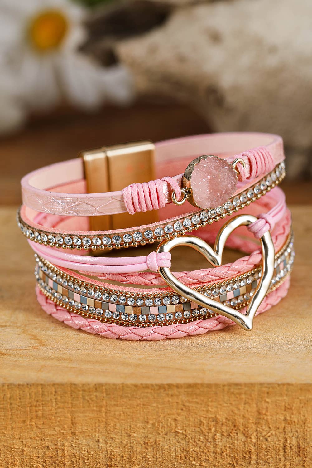 Valentine Bohemian Heart Rhinestone Magnetic Buckle Bracelet: Beige / Missy / One Size