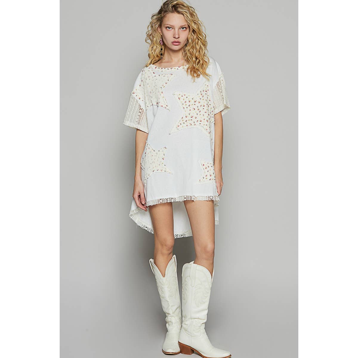 Pol Vintage washed short sleeve star patches tunic top SALE: OFF WHITE