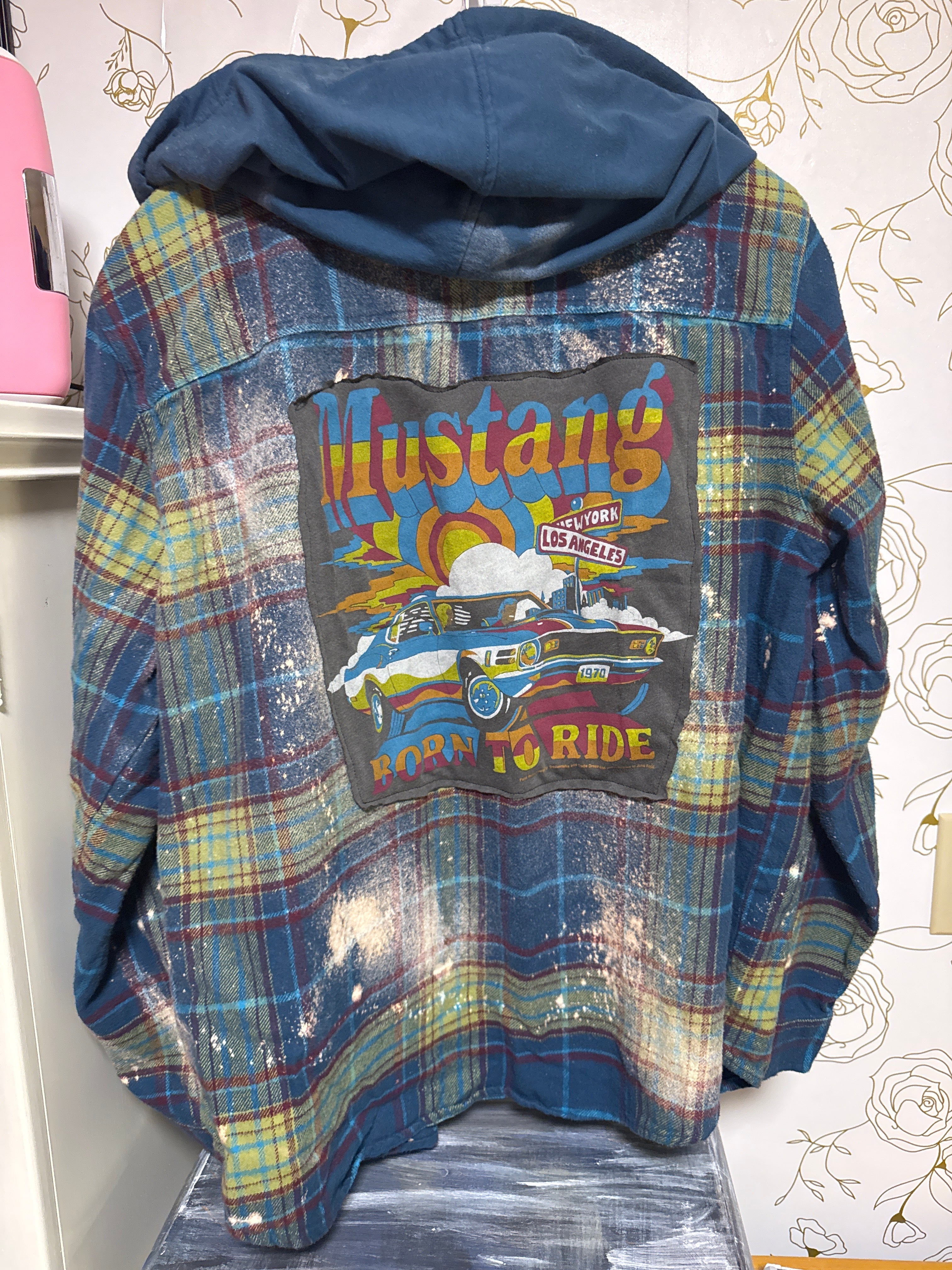 Upcycled Mustang hooded flannel