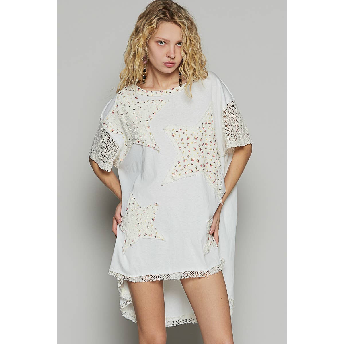 Vintage washed short sleeve star patches tunic top SALE: OFF WHITE