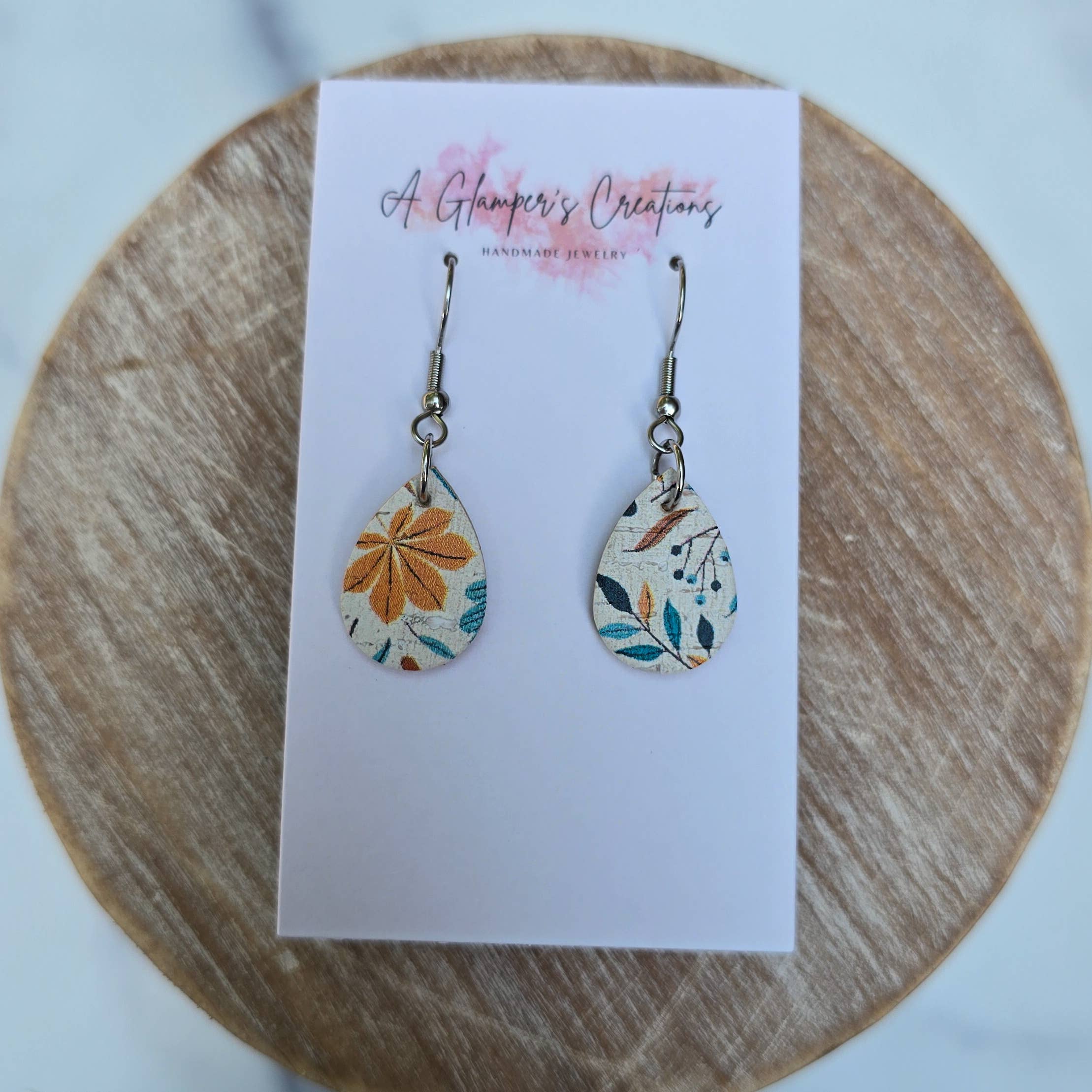 Mustard & Turquoise Floral MINI Teardrop Leather Earrings