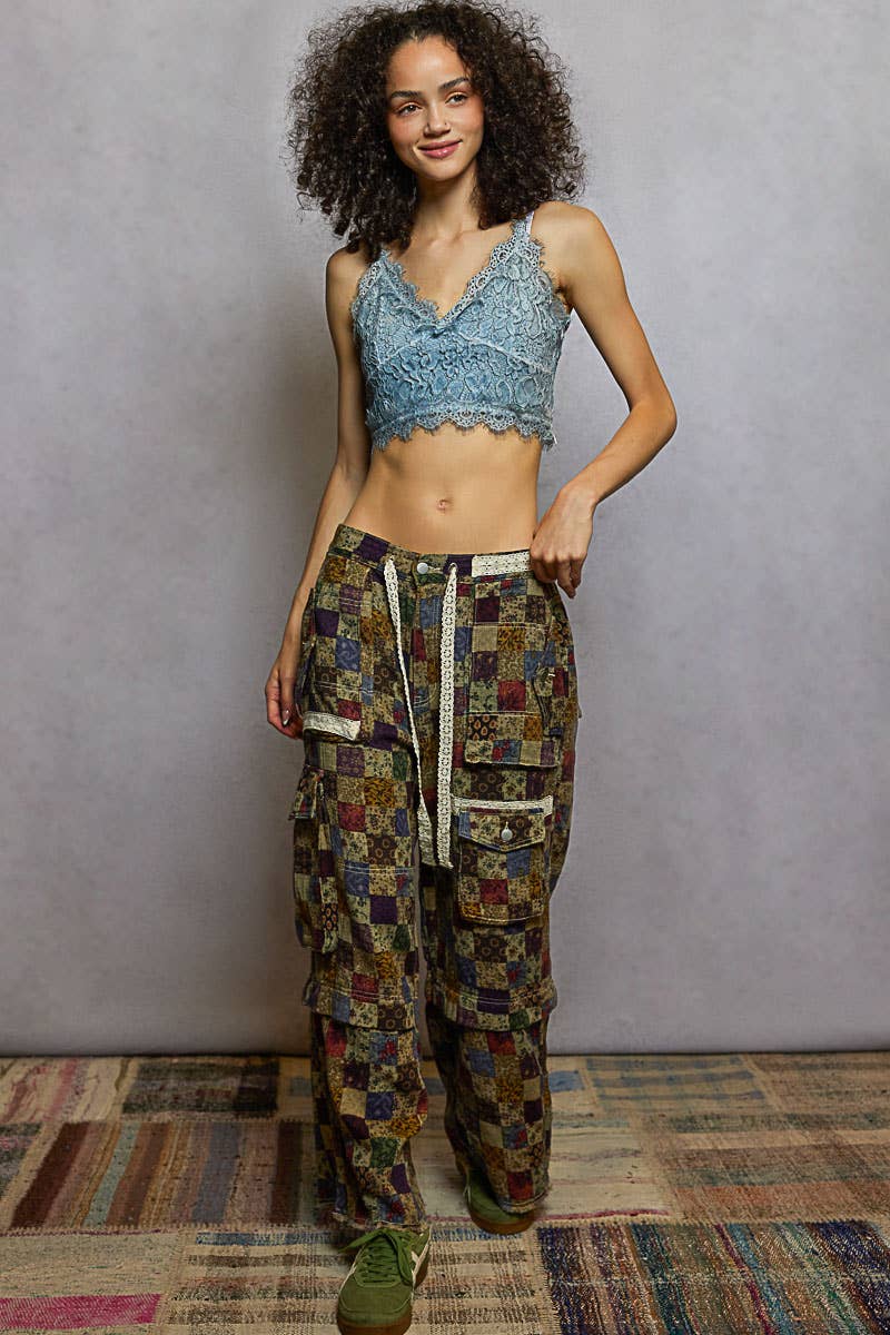 Lace waist drawstring striped casual pants: VANILLA FLORAL / M