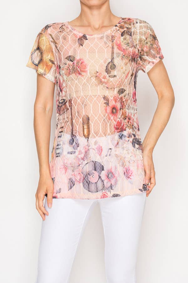Sheer Lattice Mesh Short Sleeve Blouse – OLS-4868BG-PK GUITAR: PK GUITAR / M
