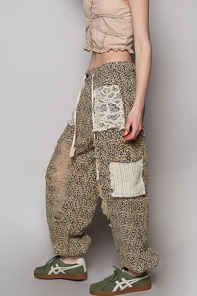 Vintage Wash Crochet Patches Distress Jogger Pants SALE: SAND LEOPARD
