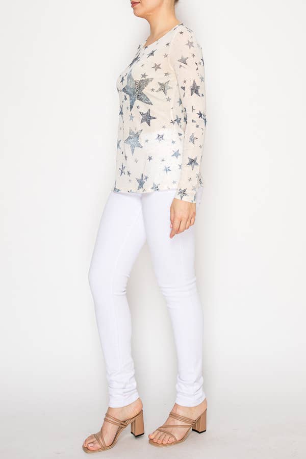 Sparkly Sheer Mesh Top  – 4847BG BLUE STAR: BLUE STAR / L