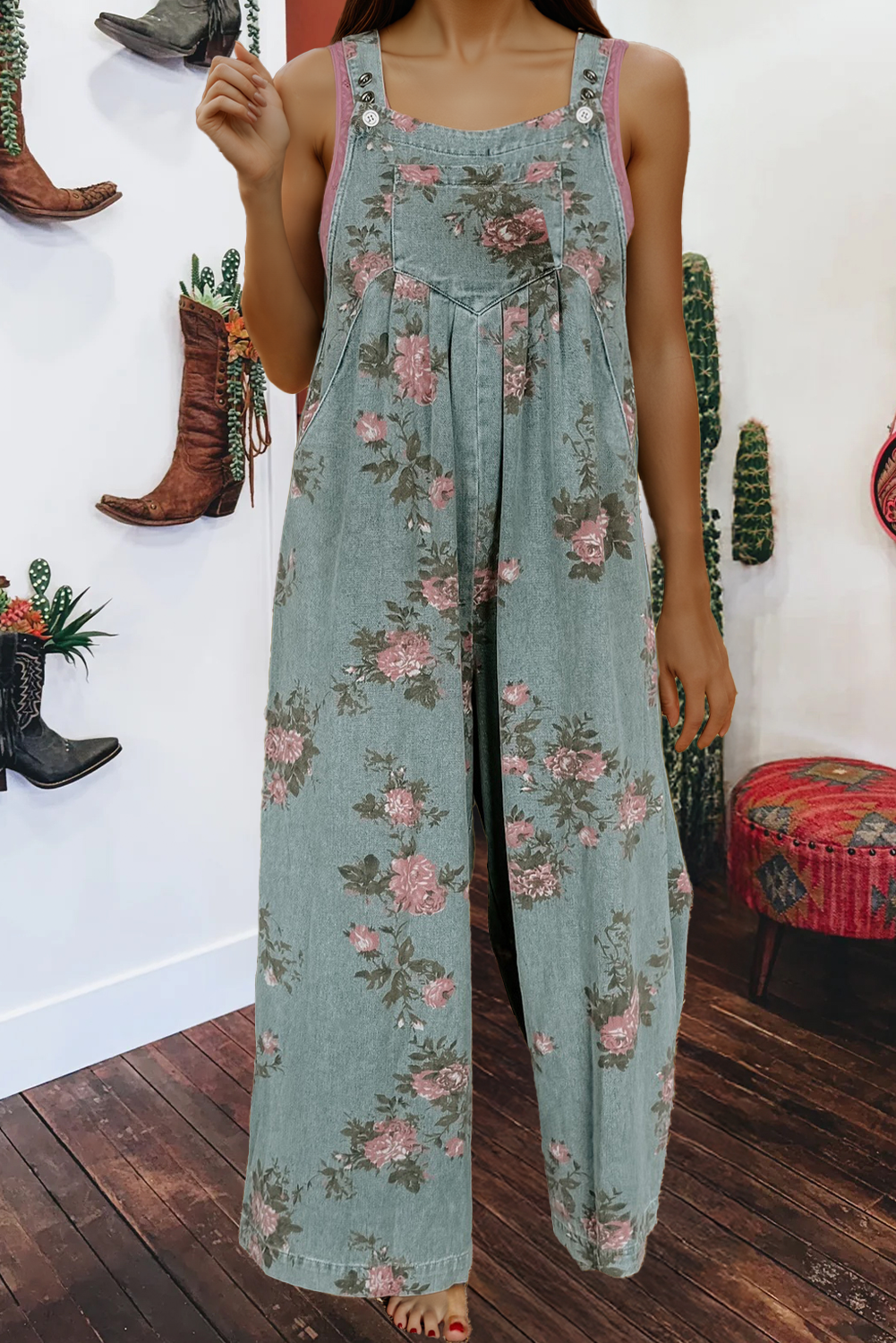 Floral Print Pleated High Waist Wide Leg Denim Jumpsuit: Blue / XL