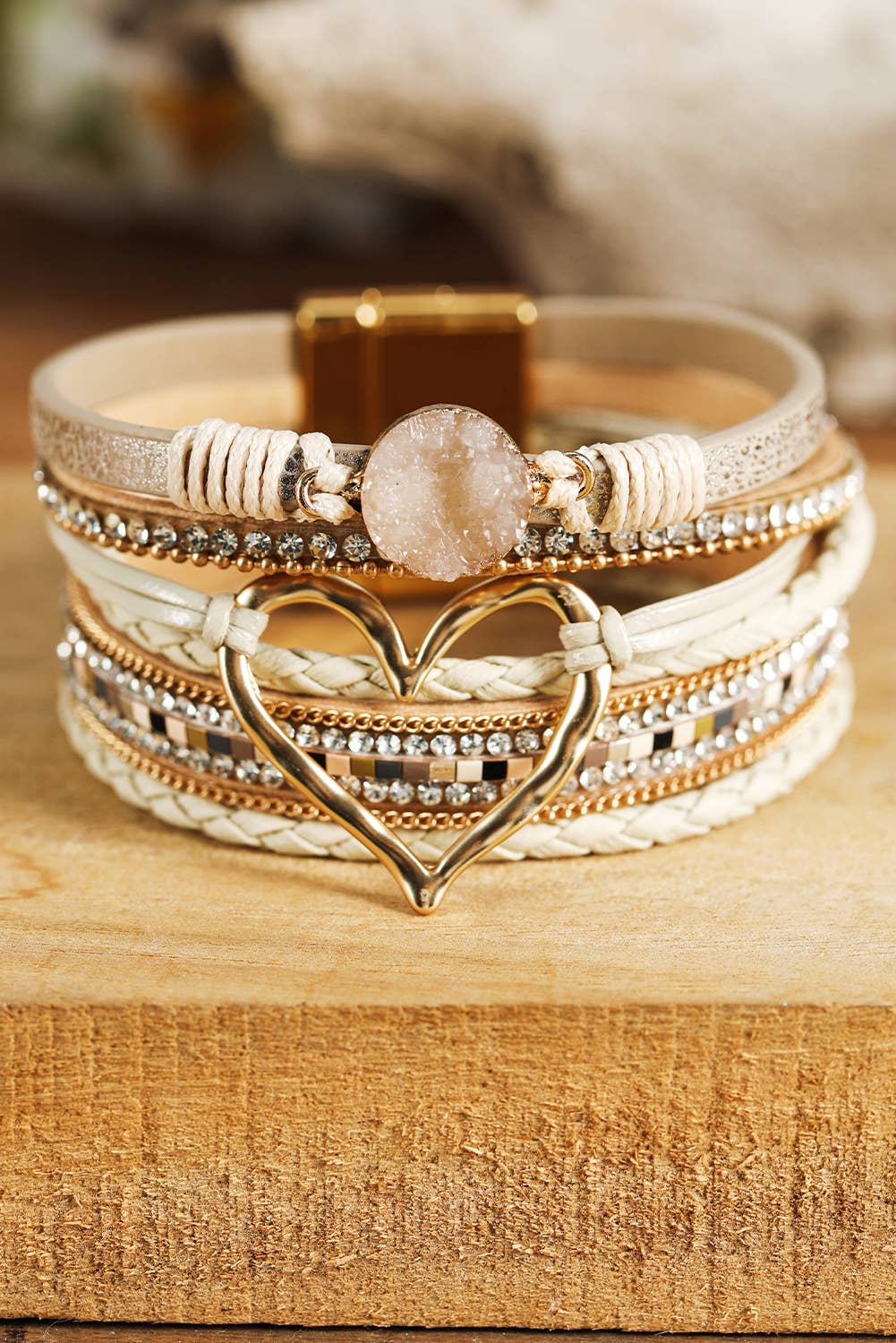 Valentine Bohemian Heart Rhinestone Magnetic Buckle Bracelet: Beige / Missy / One Size