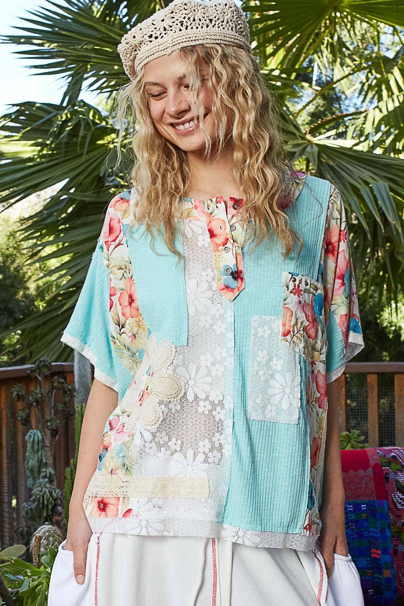 Round Neck Short Sleeve Floral Knit Rib Top SALE: AQUA