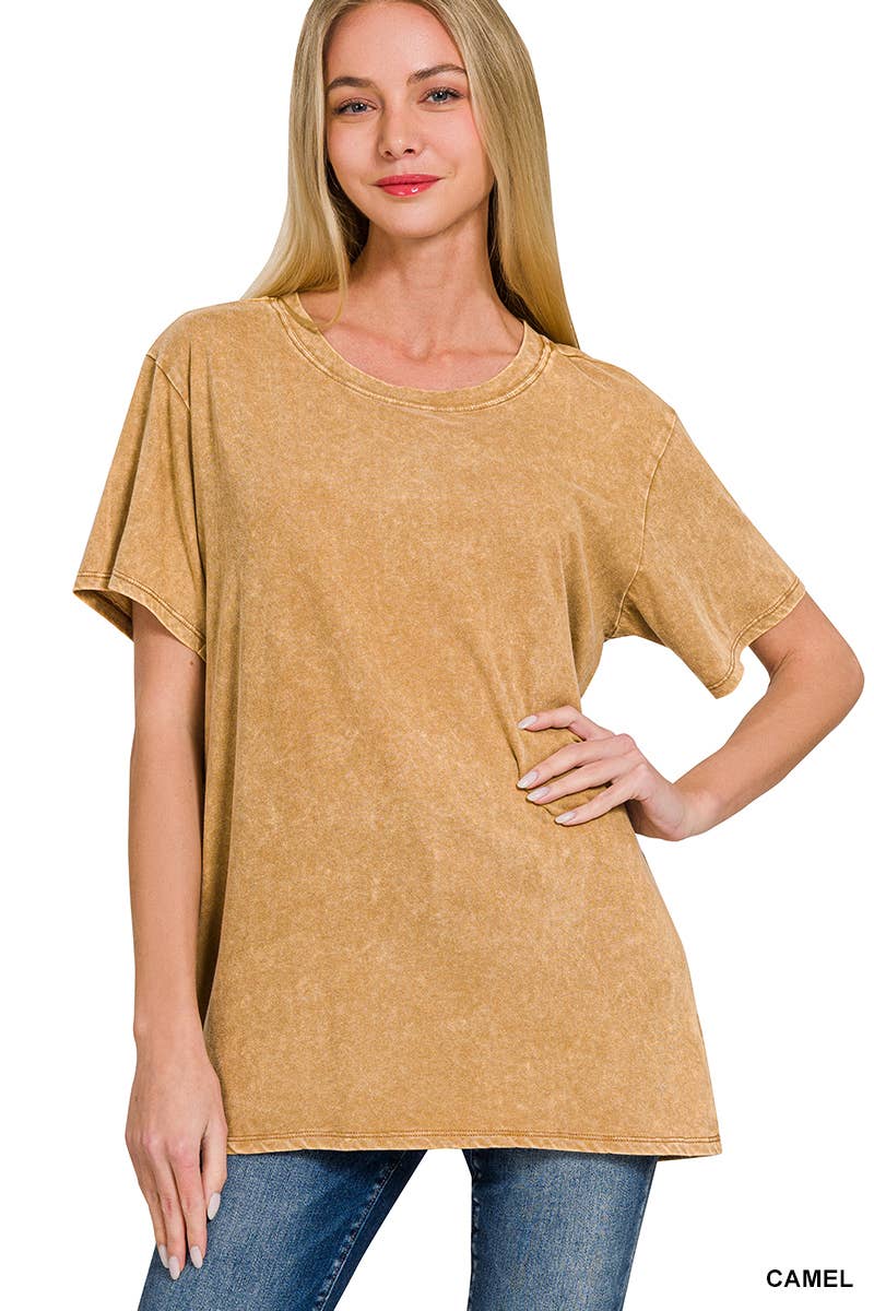 Washed Short Sleeves Top As Shown Zenana: CAMEL-167353 / L