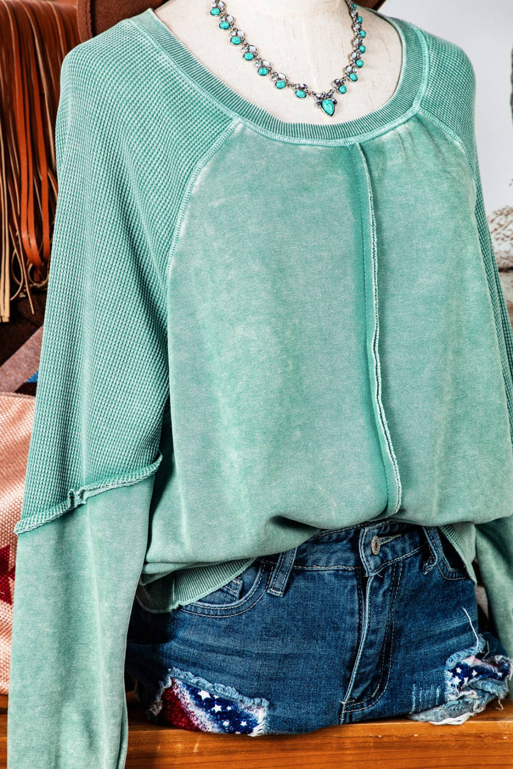Clothing Waffle Knit Patchwork Raglan Sleeve Sweatshirt: Blue / Missy / L