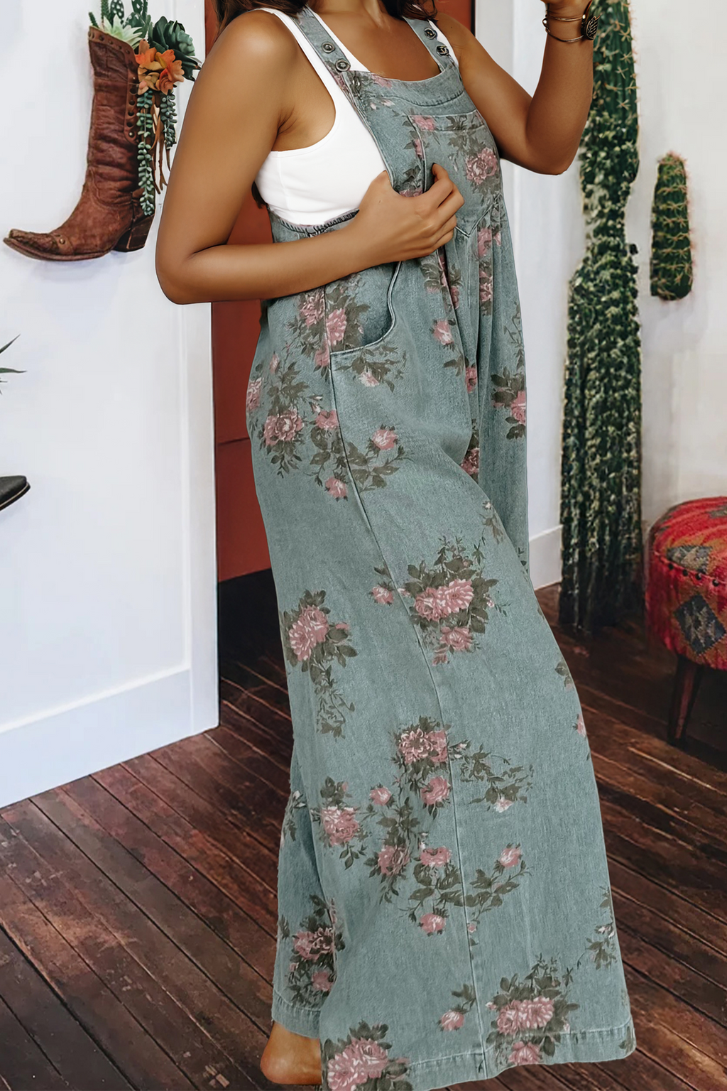 Floral Print Pleated High Waist Wide Leg Denim Jumpsuit: Blue / XL