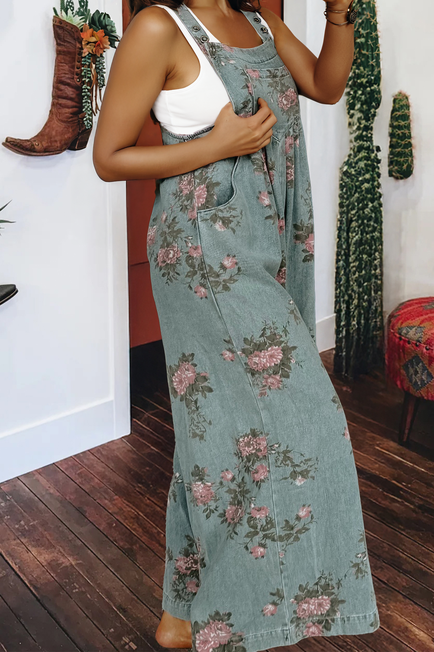 Floral Print Pleated High Waist Wide Leg Denim Jumpsuit: Blue / XL