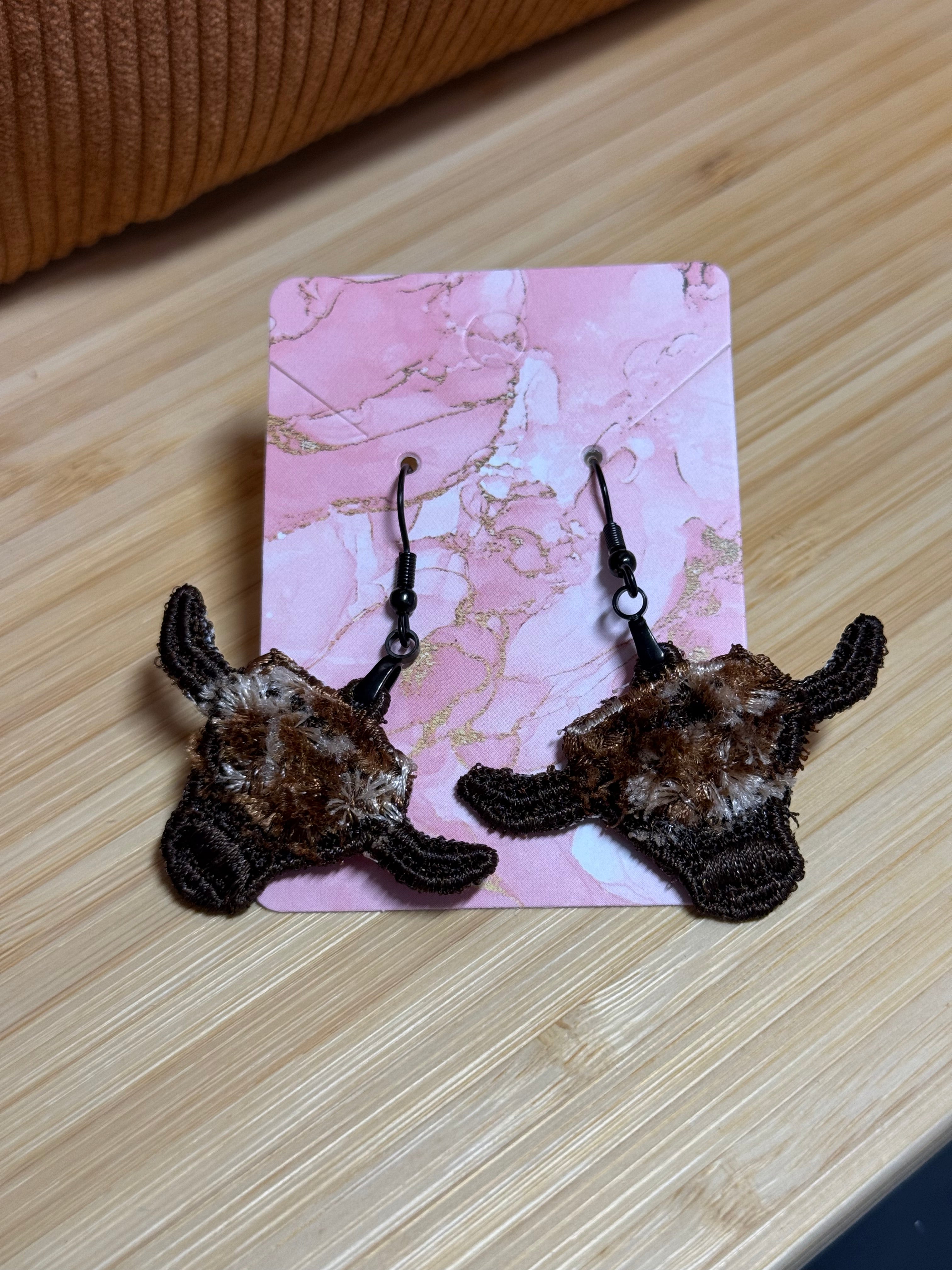 Embroidered Fuzzy Highland Cow Earrings