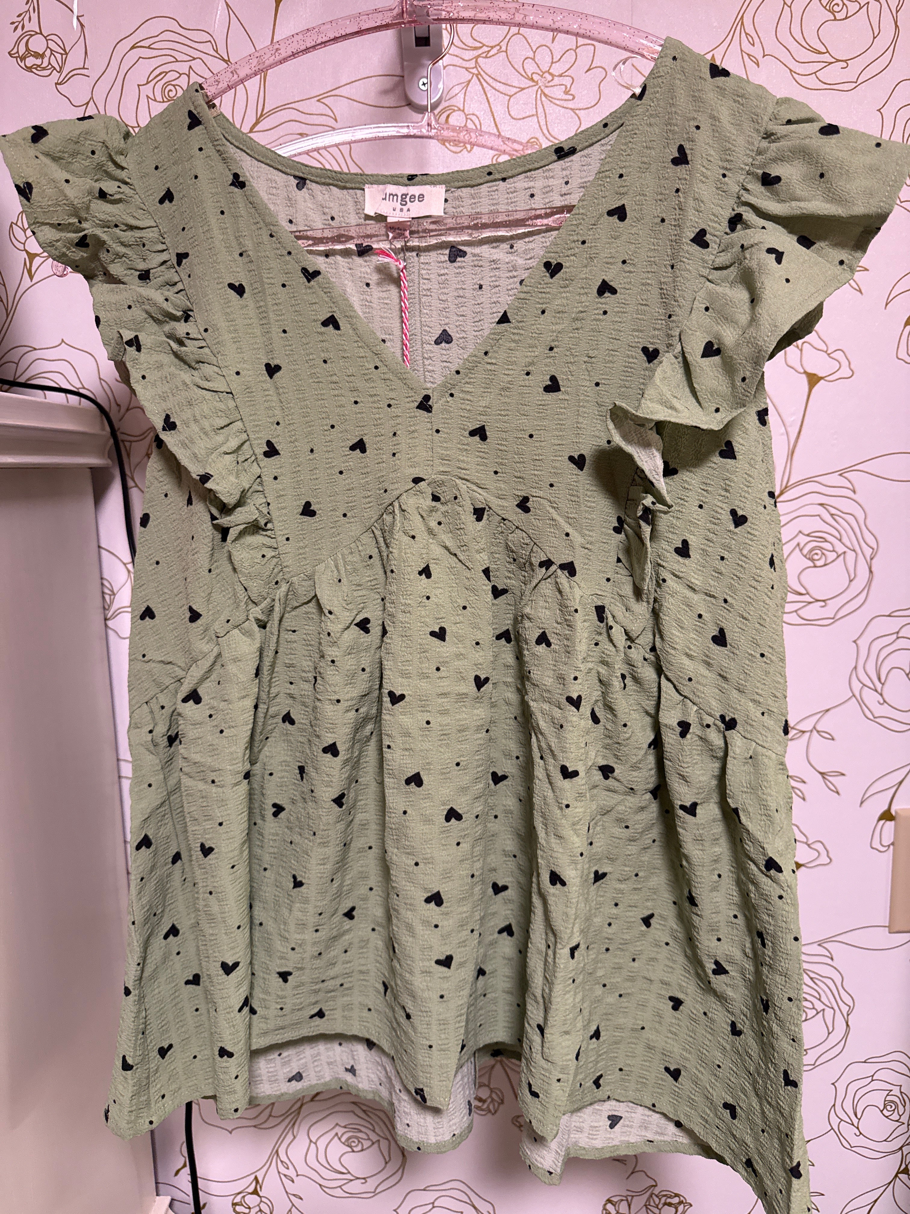 Umgee Green Black Heart Baby Doll Shirt