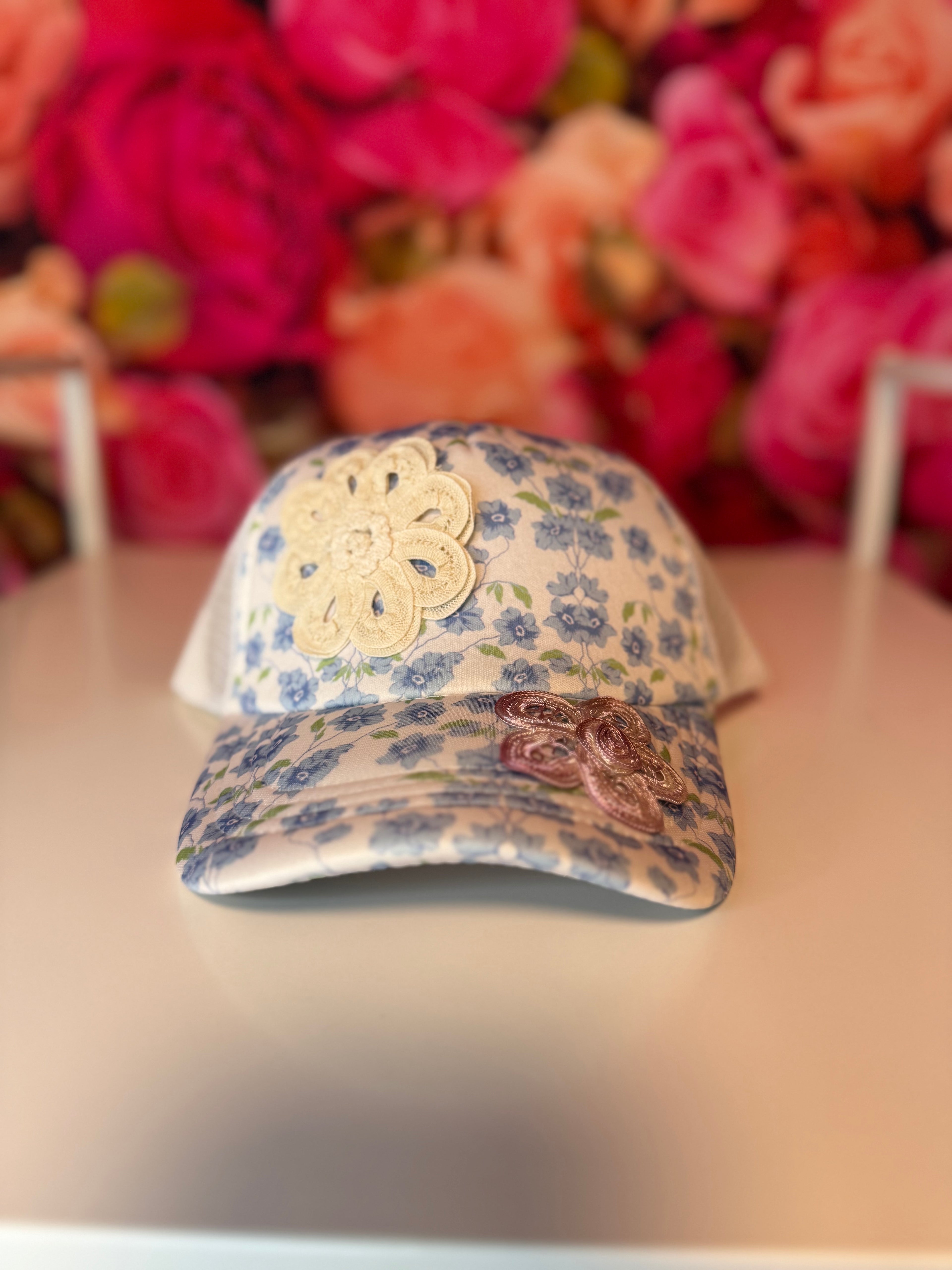 Blue Flower Crochet Trucker Hat