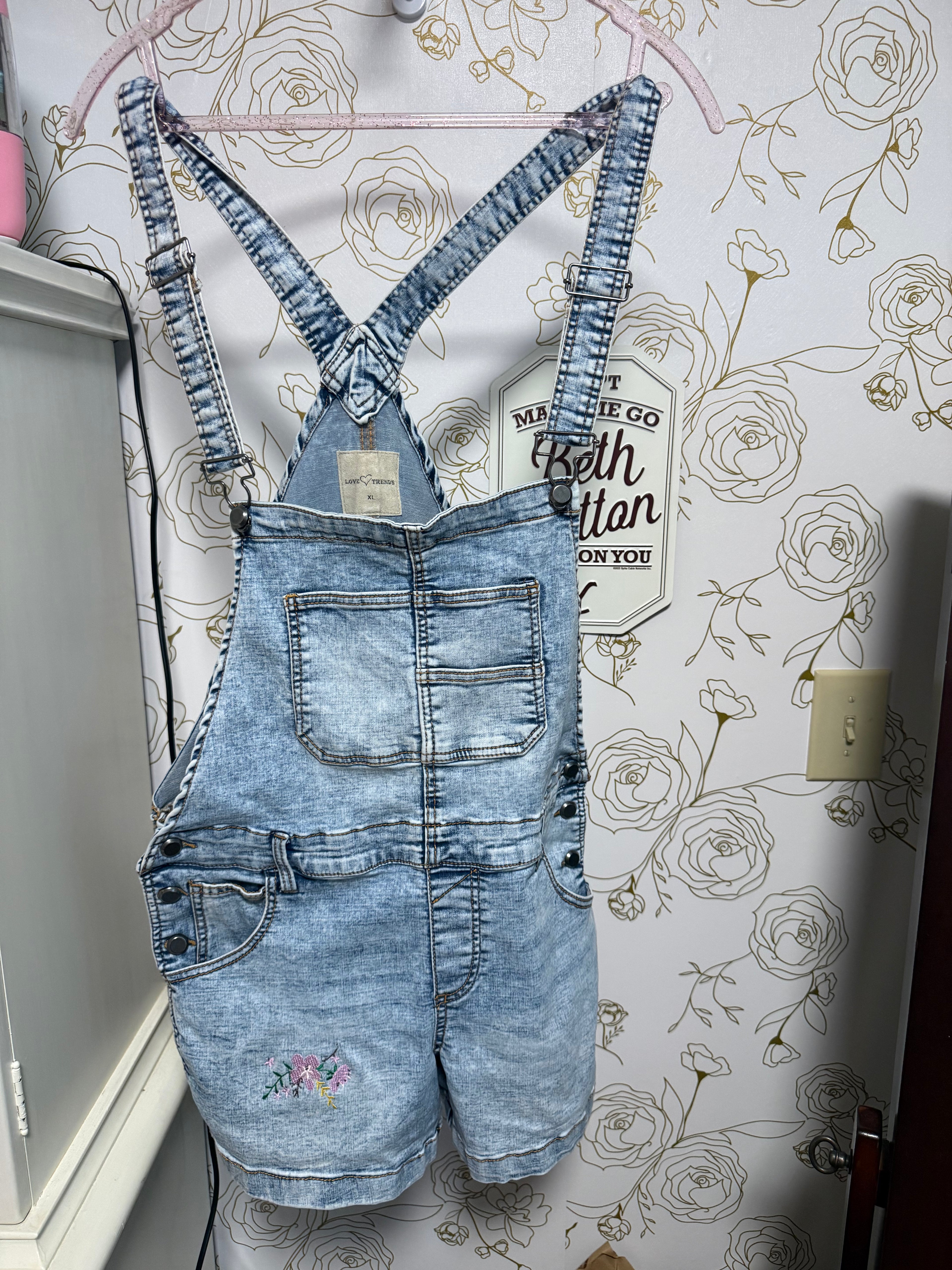 Upcycled Denim Overalls with Flower Embroidery