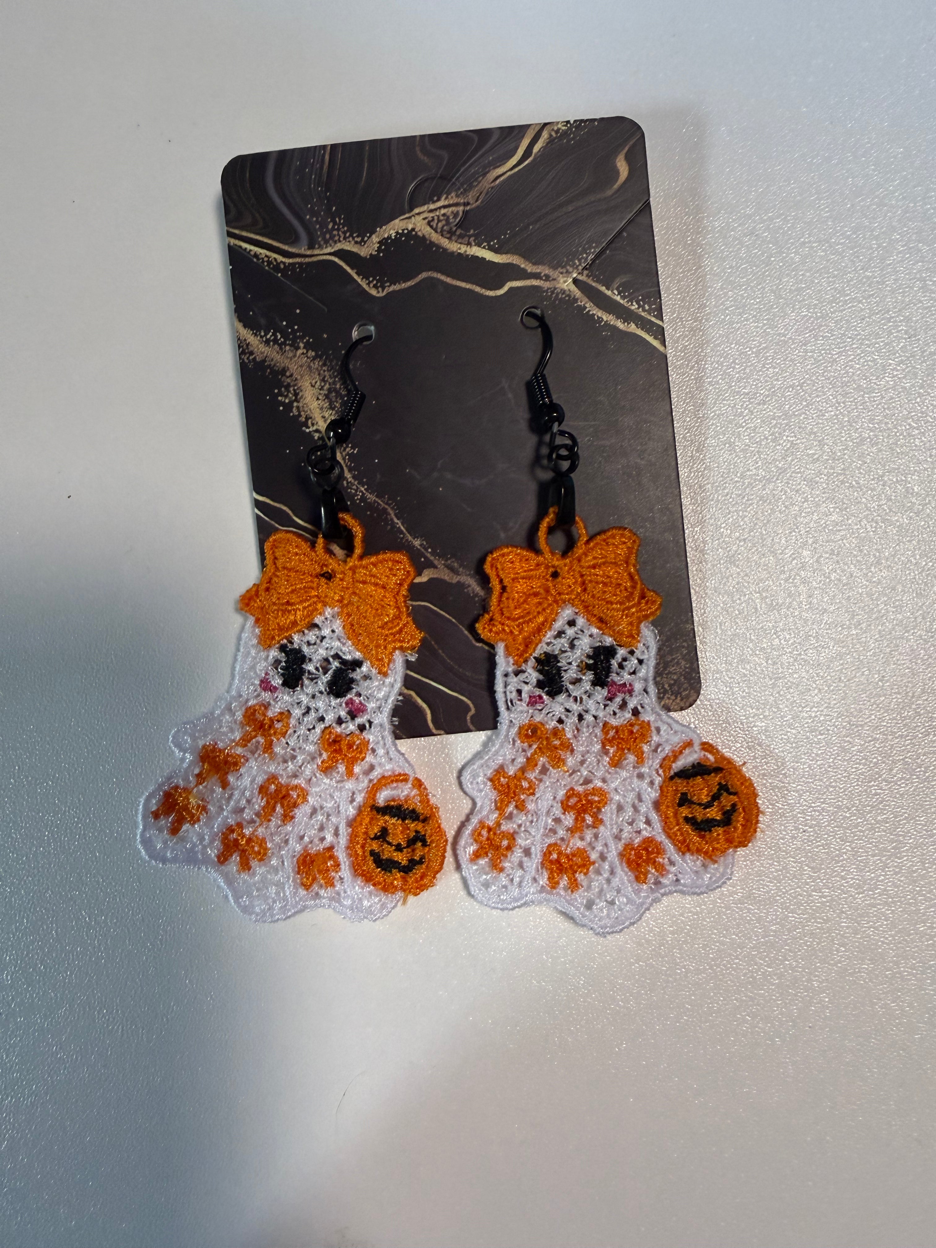 Handmade Embroidered Halloween Ghost Earrings