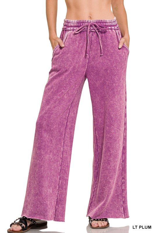 ZENANA ACID WASH FLEECE PALAZZO SWEATPANTS WITH POCKETS