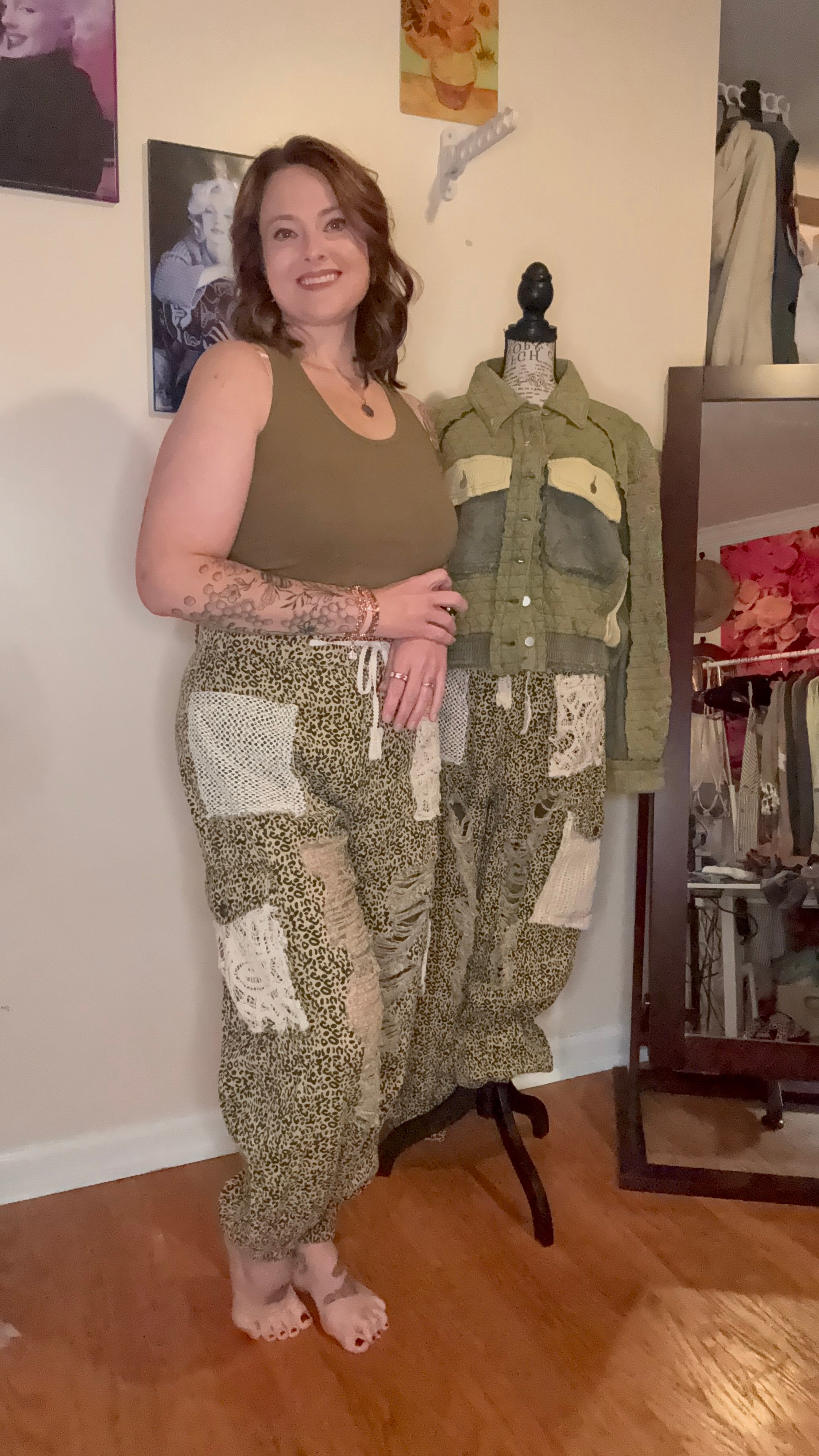 Vintage Wash Crochet Patches Distress Jogger Pants SALE: SAND LEOPARD