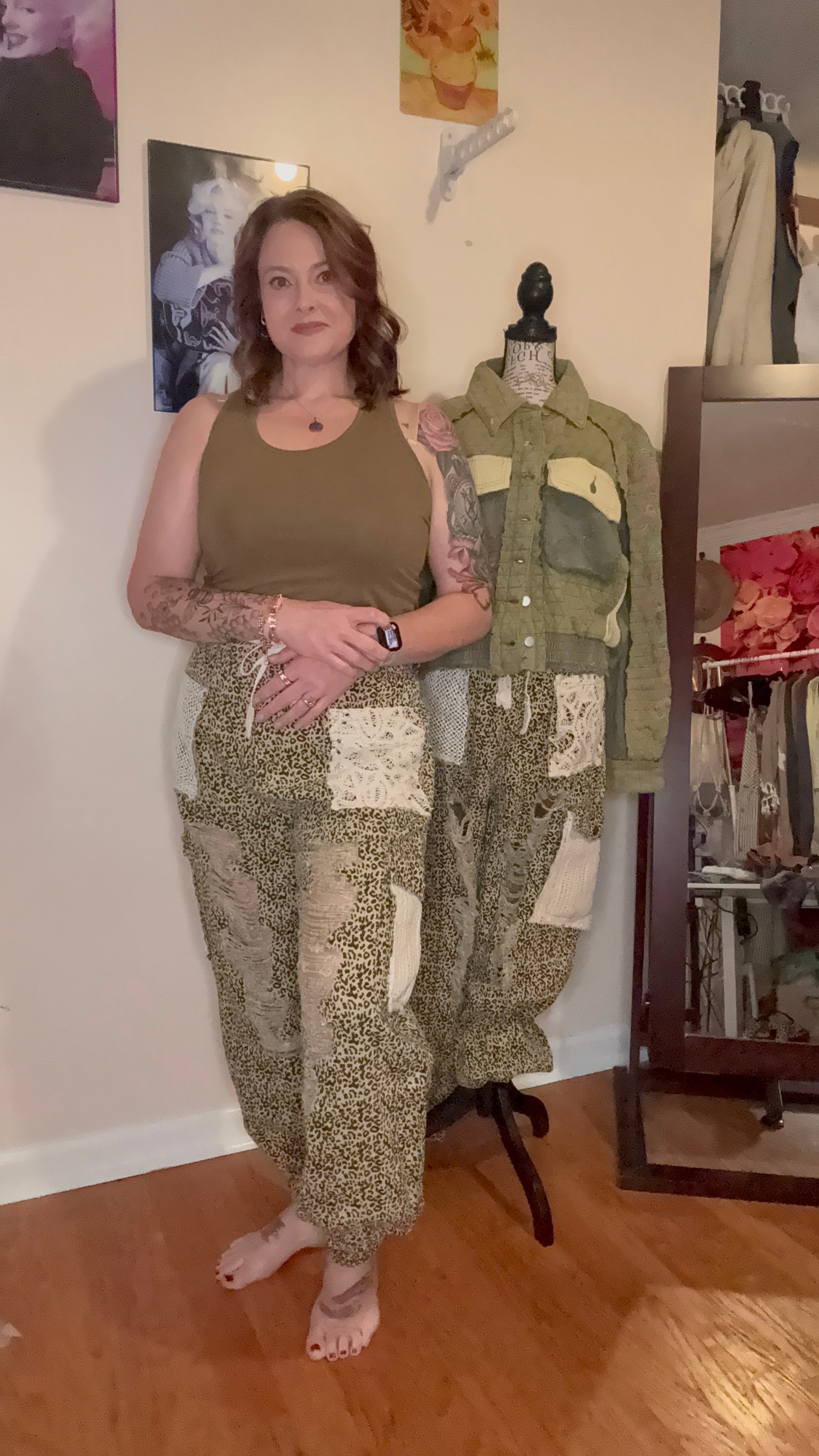 Vintage Wash Crochet Patches Distress Jogger Pants SALE: SAND LEOPARD