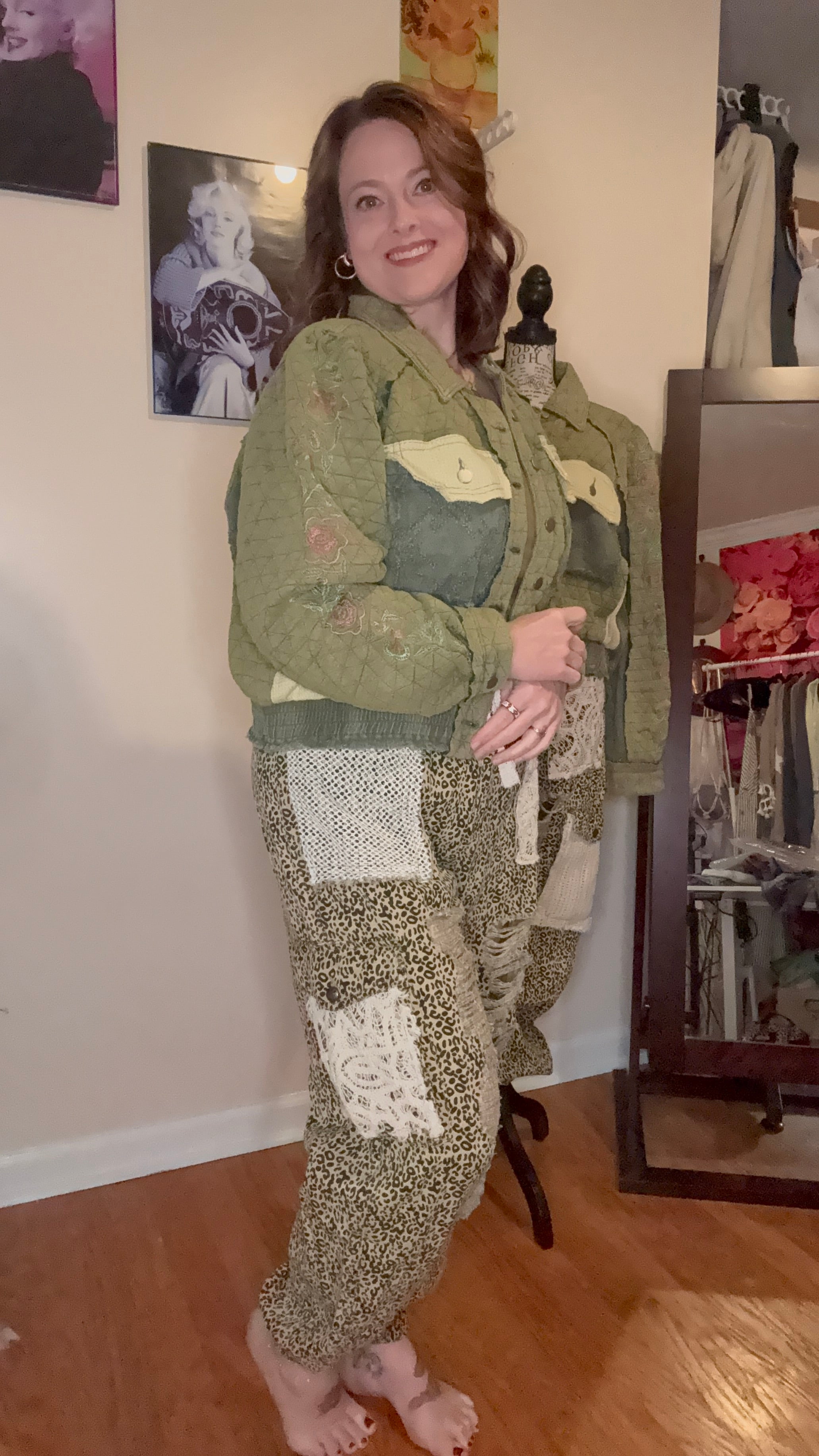 Vintage washed embroidered sleeve quilted jacket: BASIL MULTI /