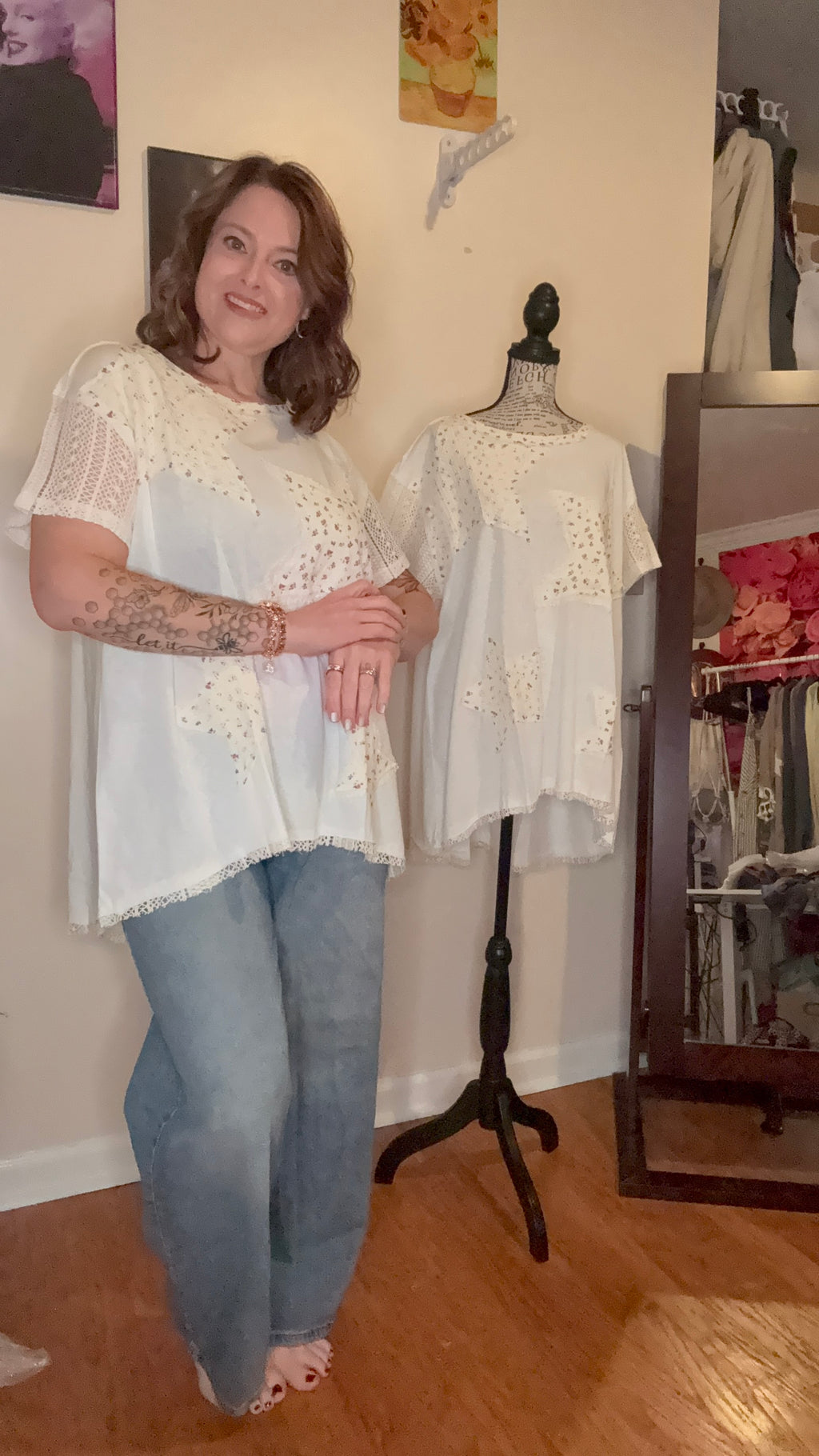 Pol Vintage washed short sleeve star patches tunic top SALE: OFF WHITE