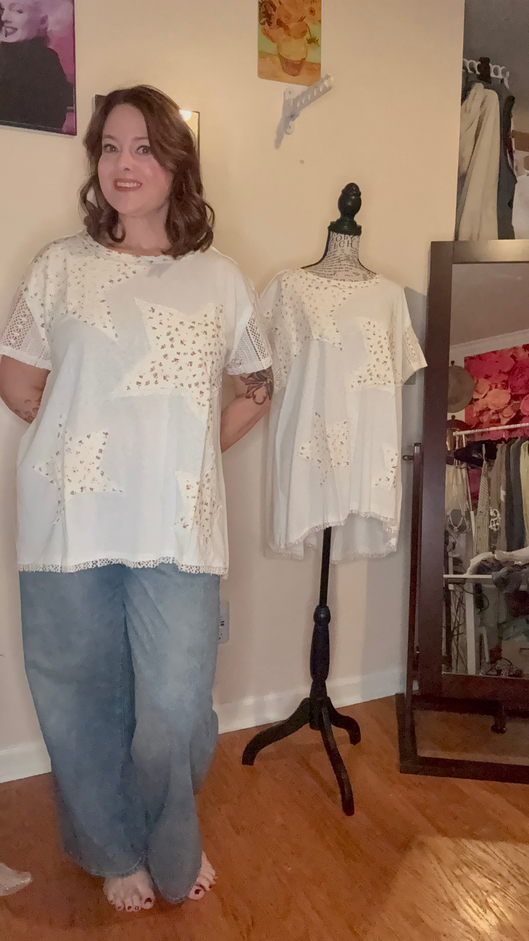 Vintage washed short sleeve star patches tunic top SALE: OFF WHITE