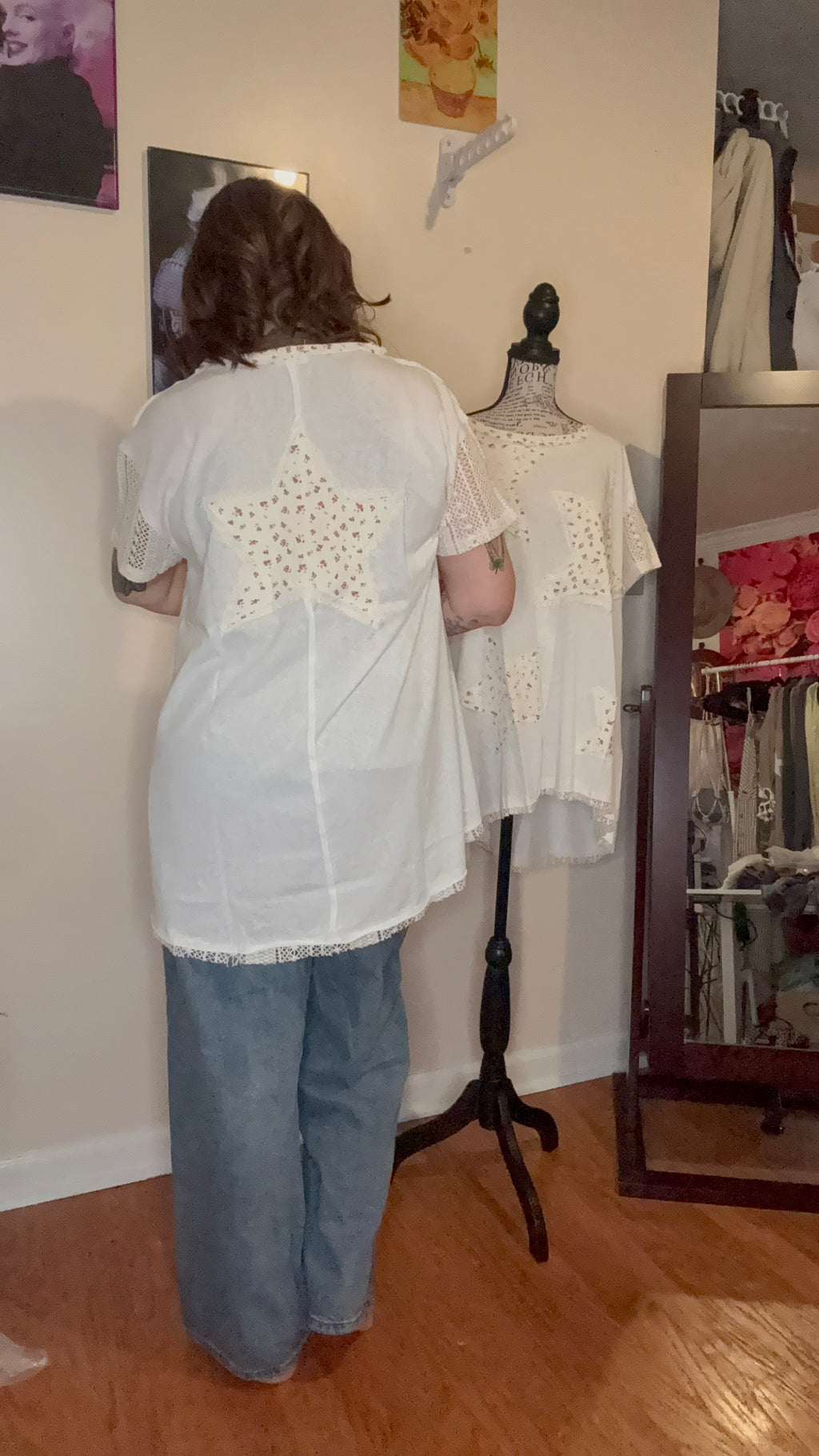 Pol Vintage washed short sleeve star patches tunic top SALE: OFF WHITE