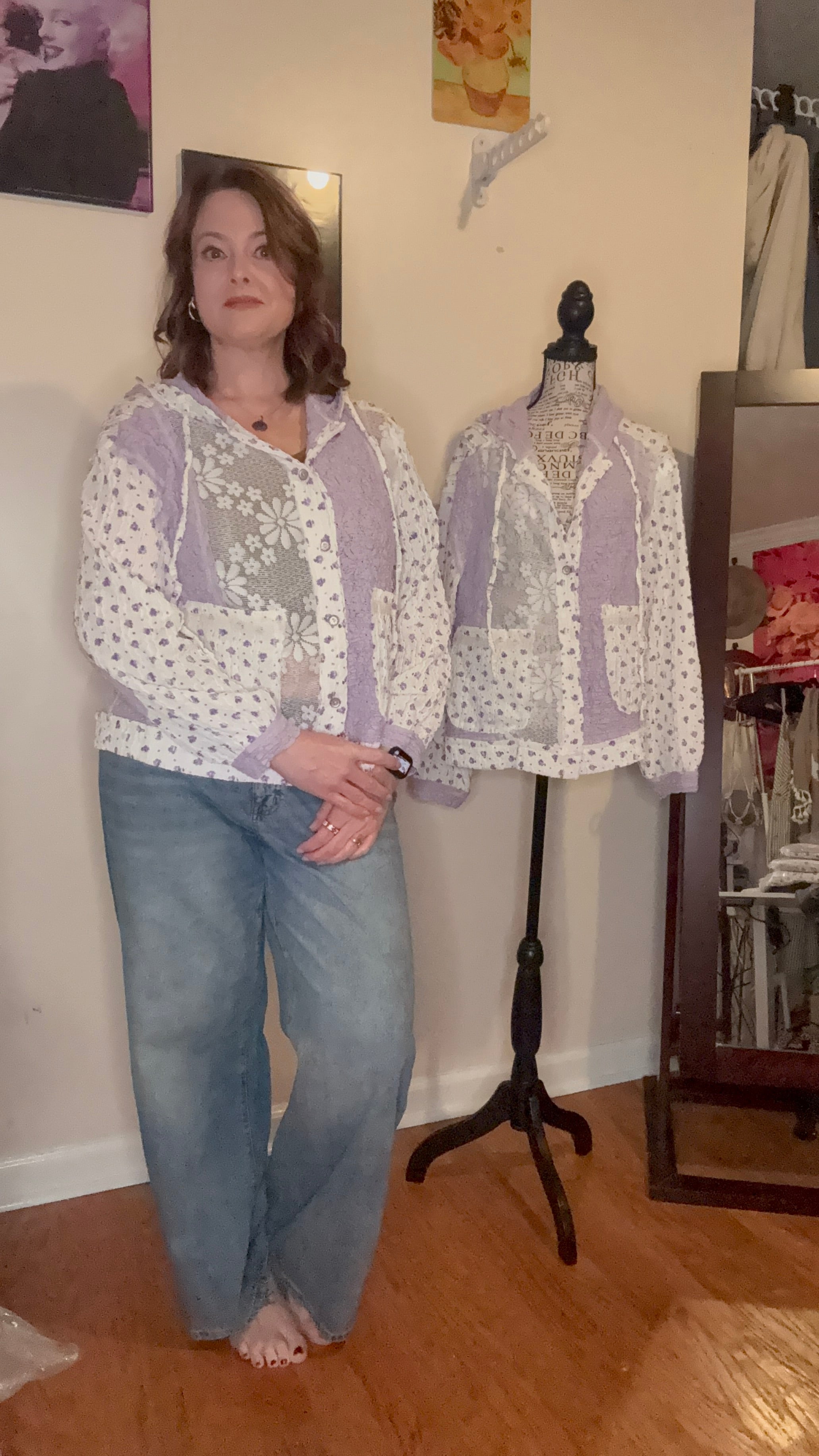 Balloon sleeves lace floral knit hoodie jacket SALE: LAVENDER
