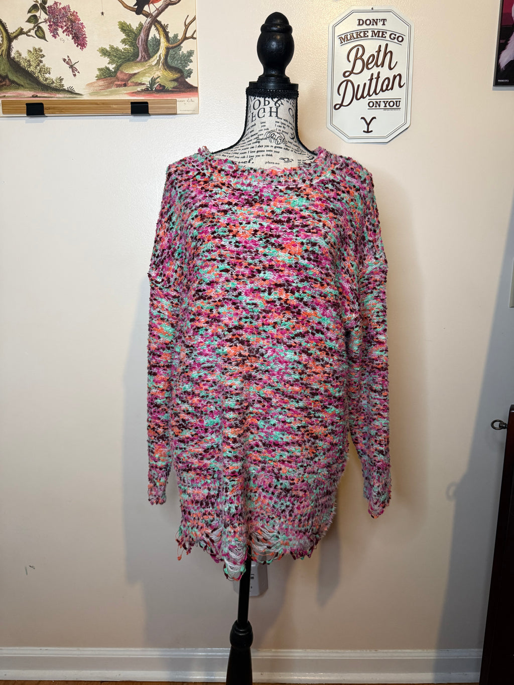 Multicolored Round Neck Knit Tunic Dress with Distressed Hem