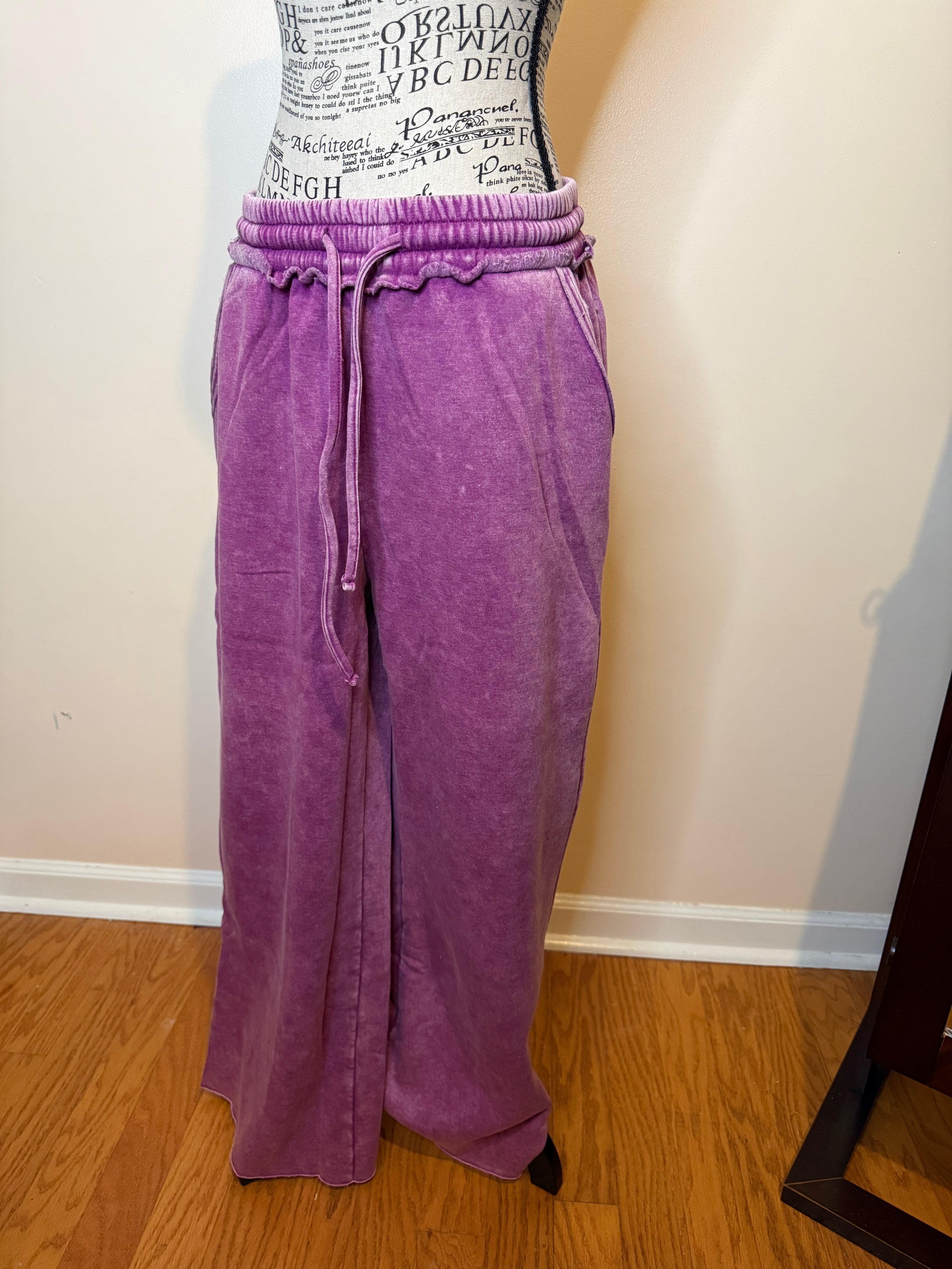 ZENANA ACID WASH FLEECE PALAZZO SWEATPANTS WITH POCKETS