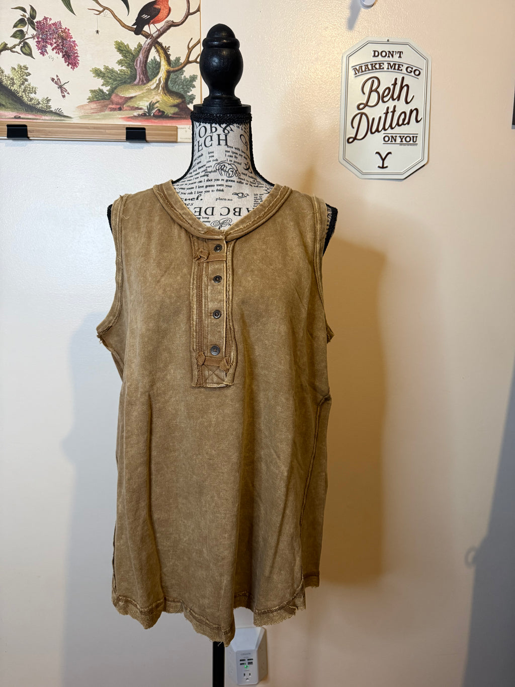 Washed Half-button Raw Edge Sleeveless Henley Top