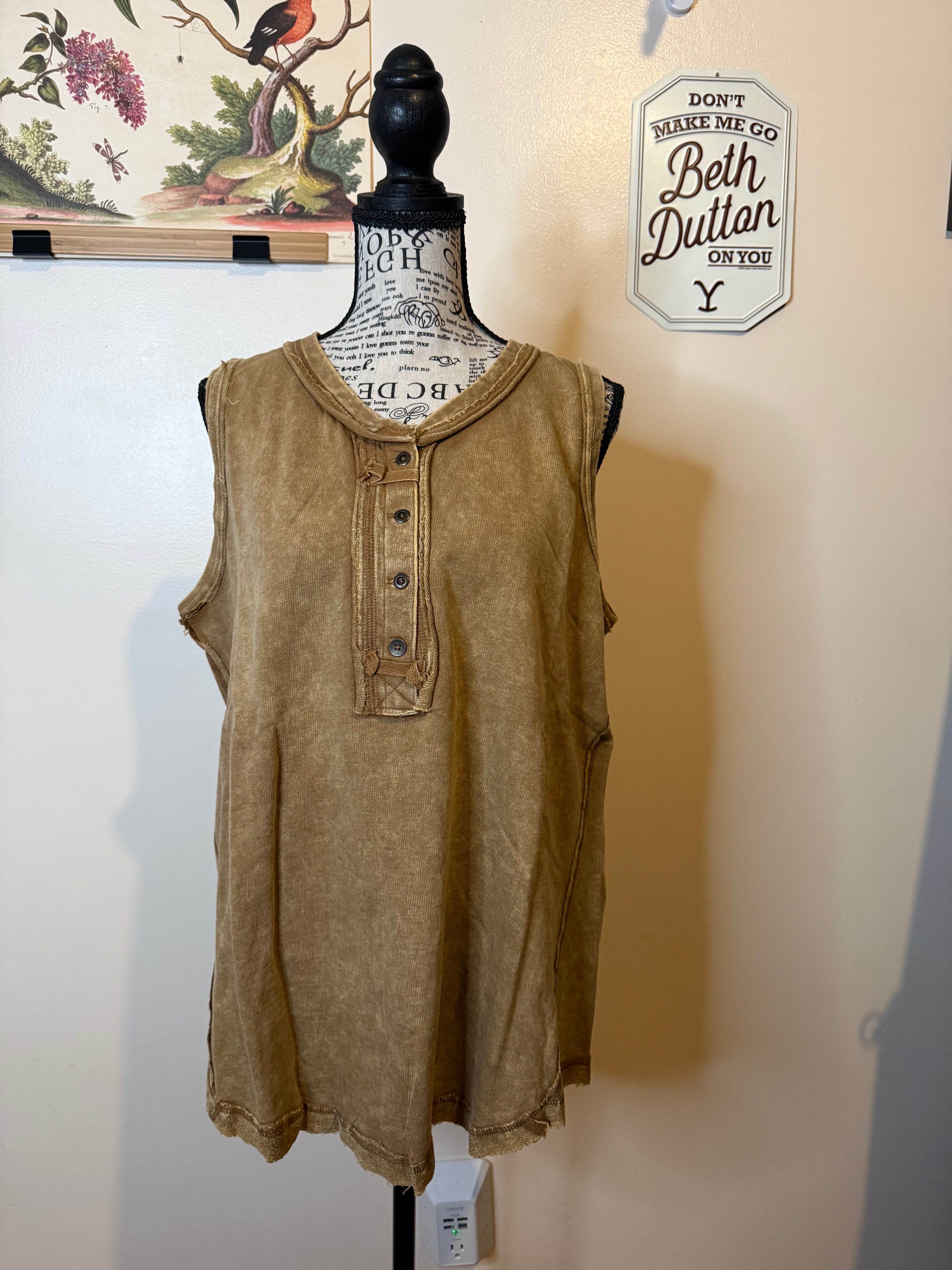 Washed Half-button Raw Edge Sleeveless Henley Top