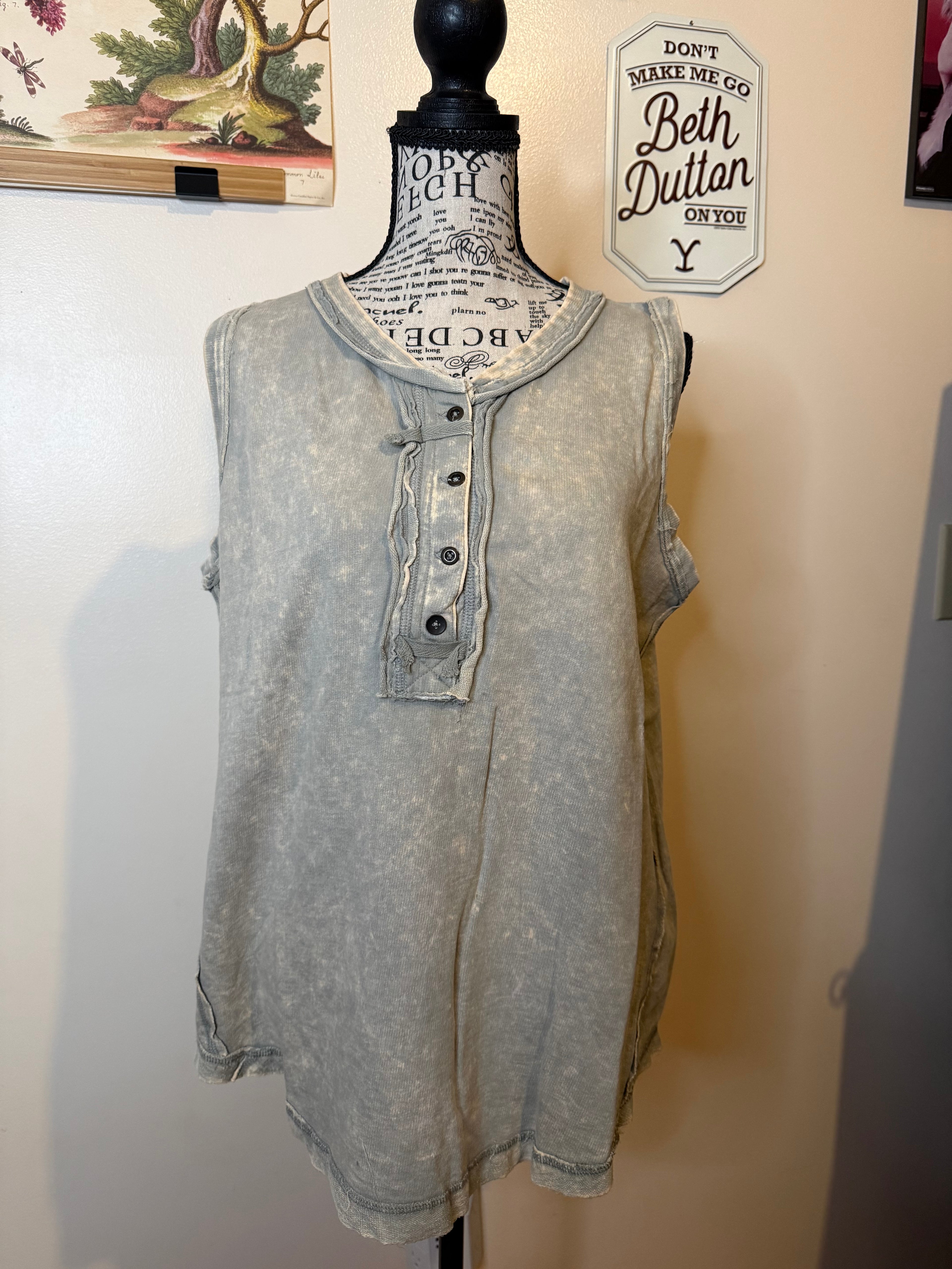 Washed Half-button Raw Edge Sleeveless Henley Top