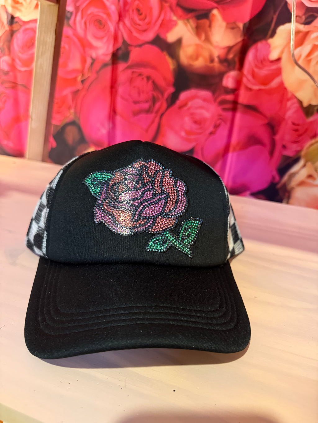 Rose Sequin Checkered Trucker Hat
