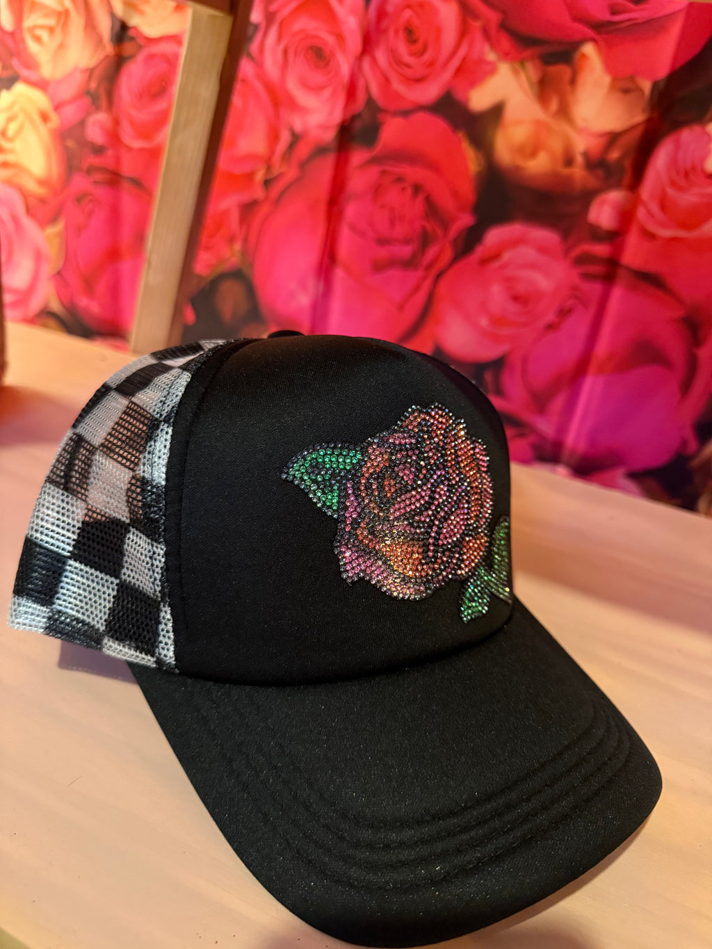 Rose Sequin Checkered Trucker Hat