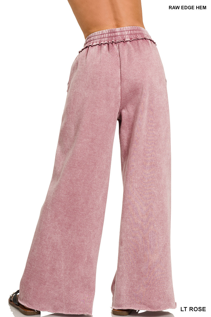 ZENANA ACID WASH FLEECE PALAZZO SWEATPANTS WITH POCKETS