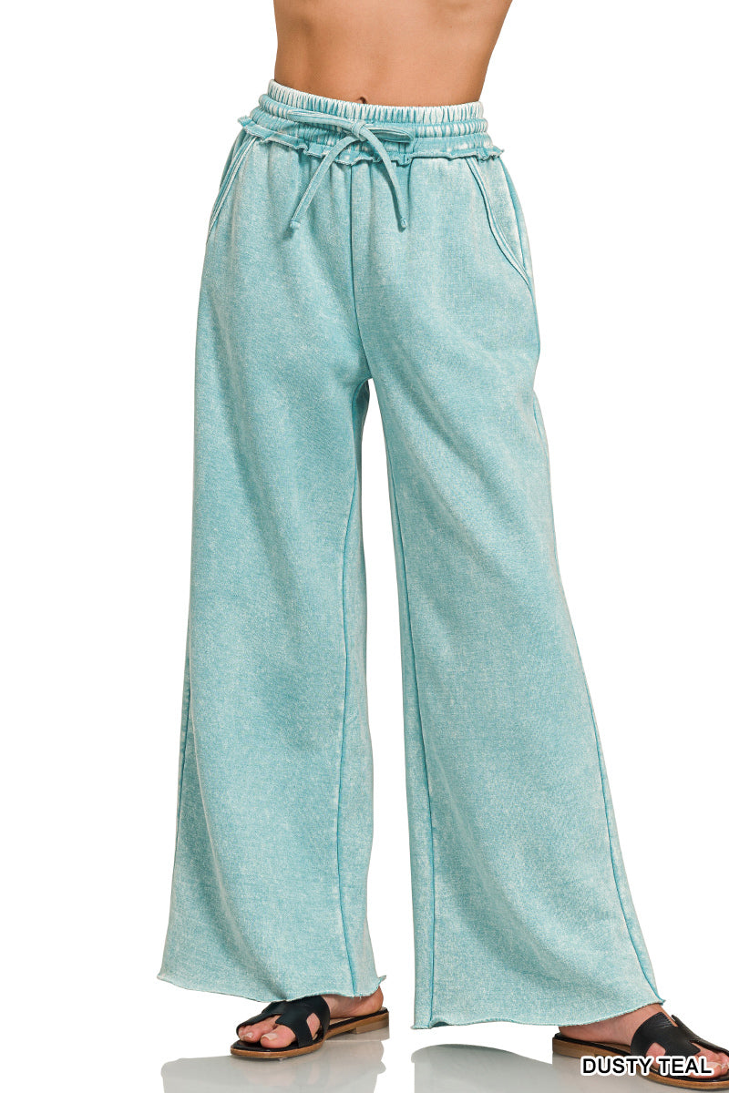 ZENANA ACID WASH FLEECE PALAZZO SWEATPANTS WITH POCKETS