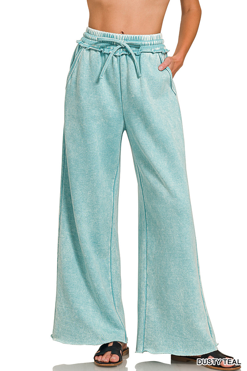 ZENANA ACID WASH FLEECE PALAZZO SWEATPANTS WITH POCKETS