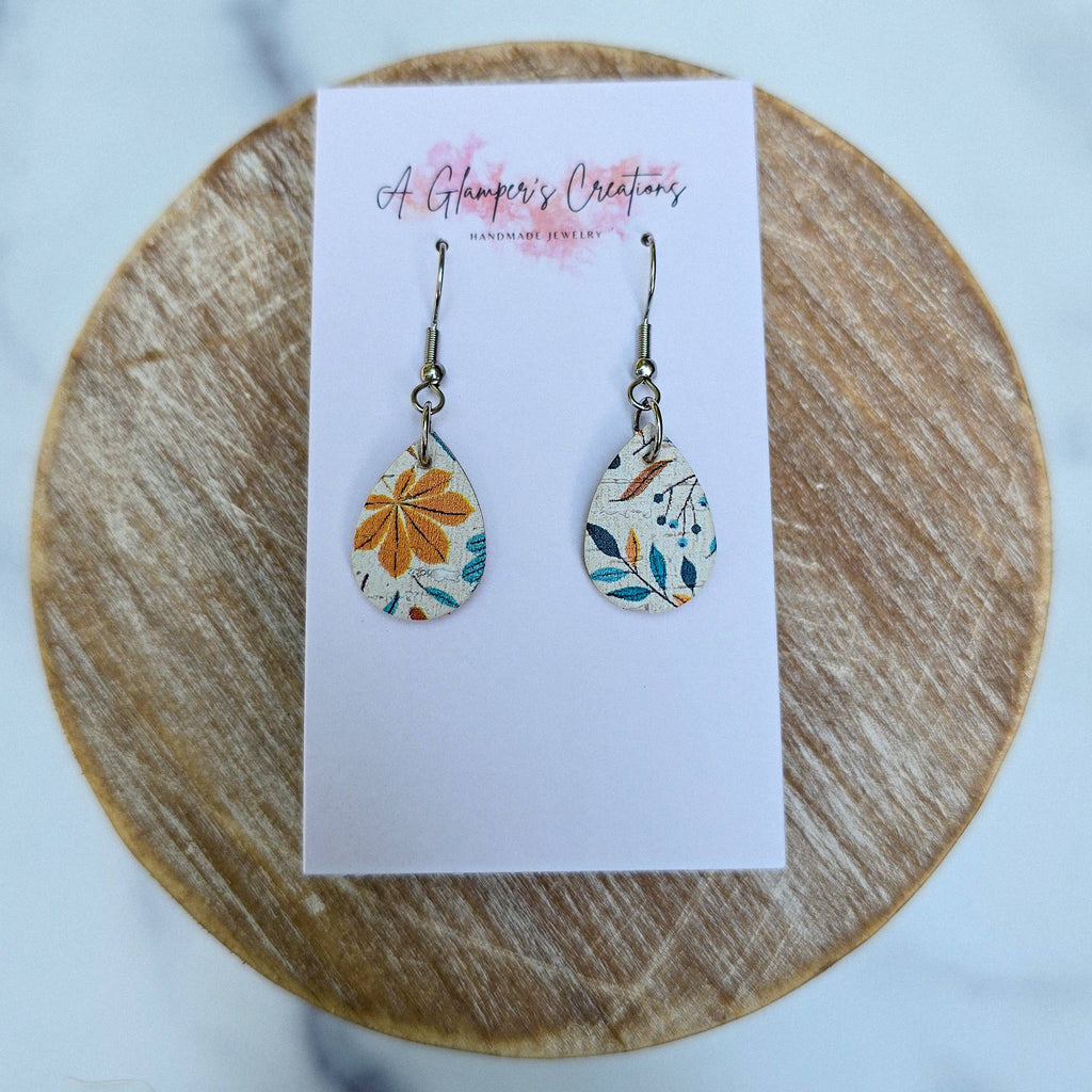 Mustard & Turquoise Floral MINI Teardrop Leather Earrings
