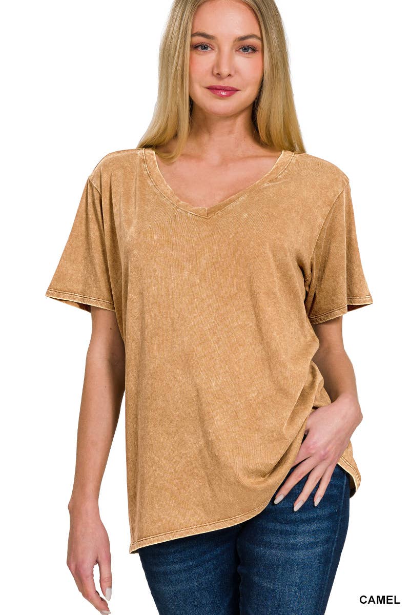 Washed Short Sleeves Top As Shown Zenana: CAMEL-167353 / S