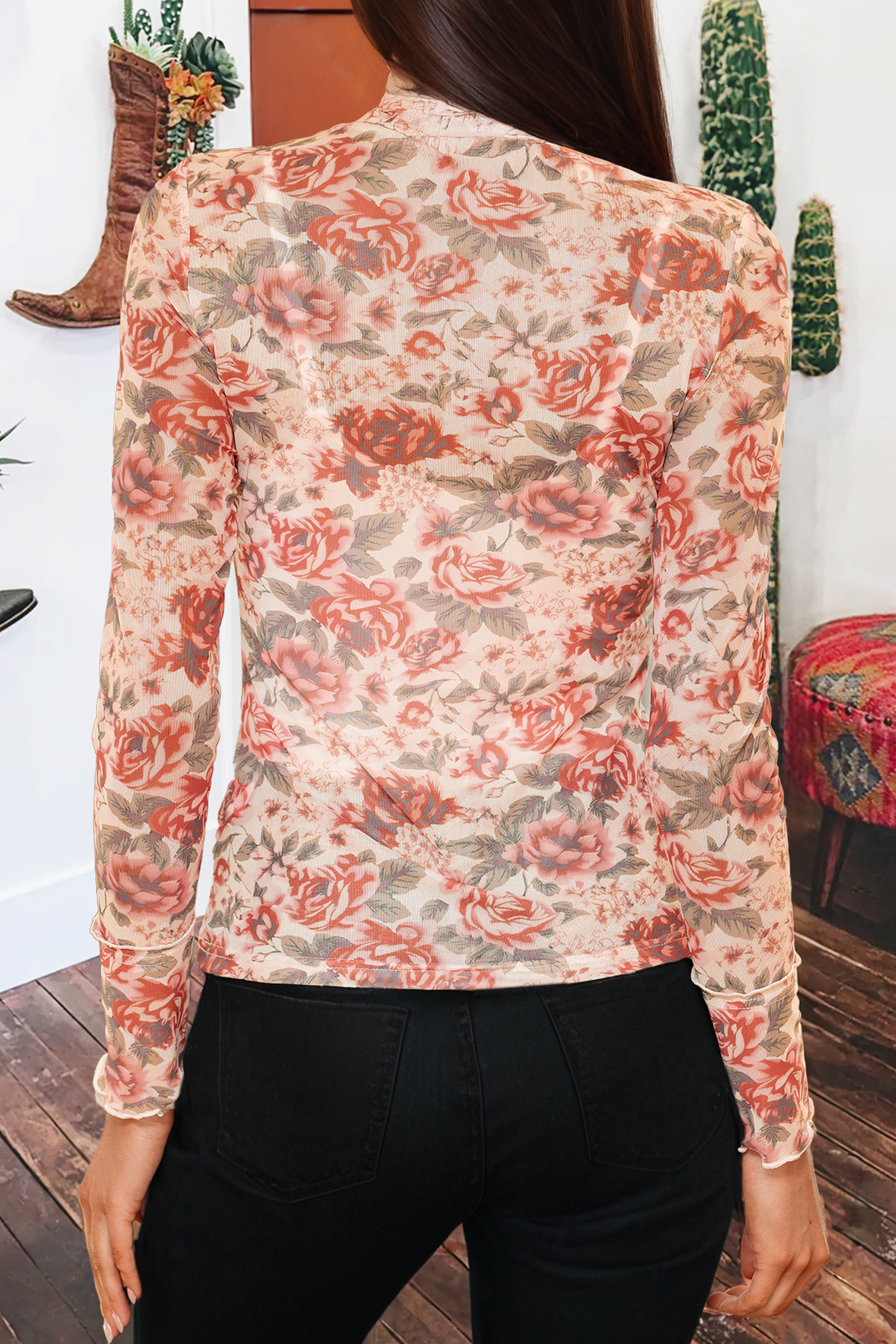Retro Floral Print Mesh Long Sleeve Top *S-4X: White / XL