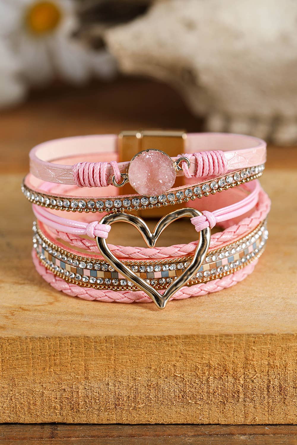 Valentine Bohemian Heart Rhinestone Magnetic Buckle Bracelet: Beige / Missy / One Size