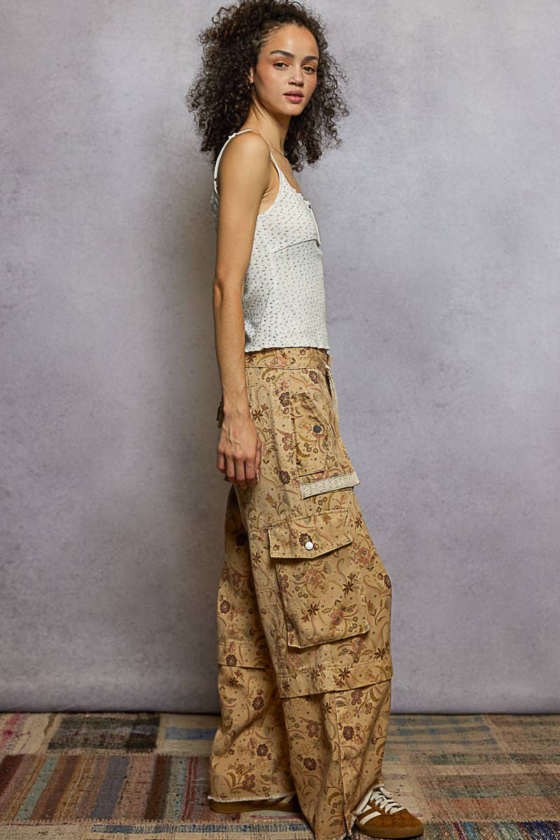 Lace waist drawstring striped casual pants: VANILLA FLORAL / S