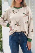 Mallard Duck Print Ribbed Casual Pullover S-4X: Beige / M