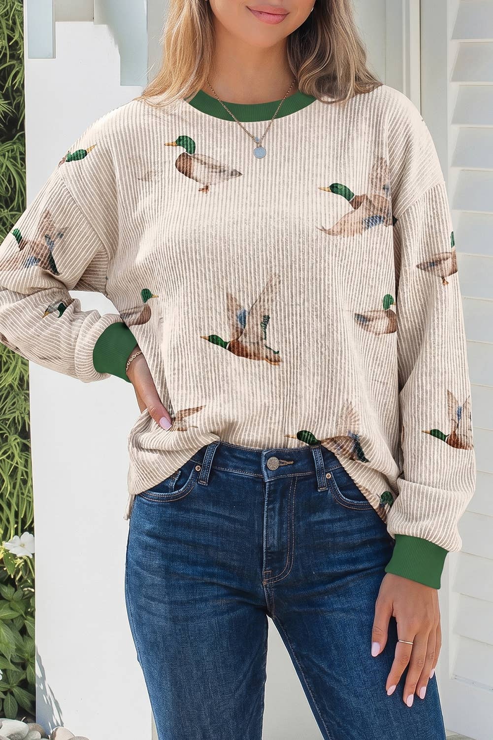 Mallard Duck Print Ribbed Casual Pullover S-4X: Beige / M