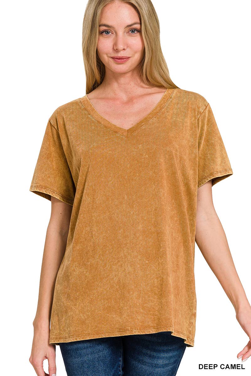 Washed Short Sleeves Top As Shown Zenana: CAMEL-167353 / M