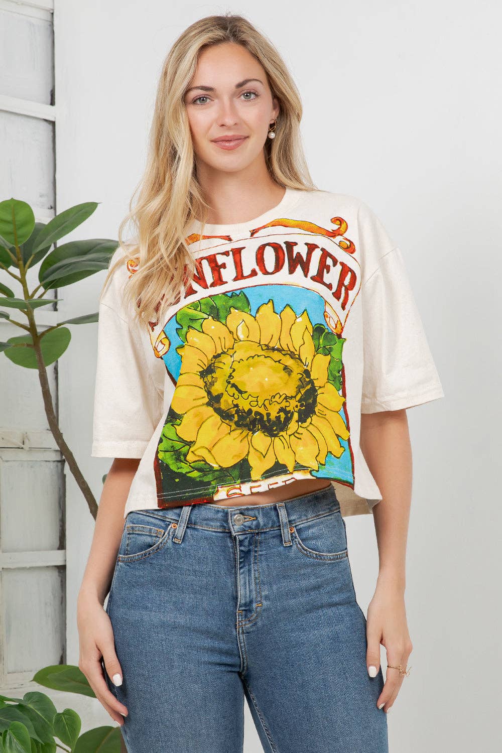 Sunflower Print Cotton Crop Top: S